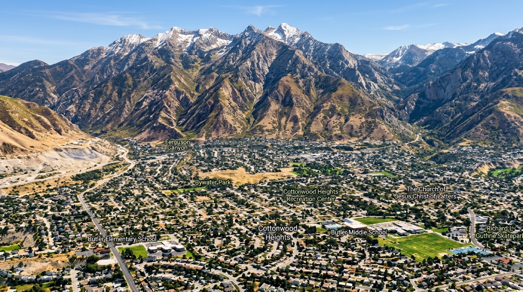 Aerial view of Cottonwood Heights beneath the Wasatch Mountains